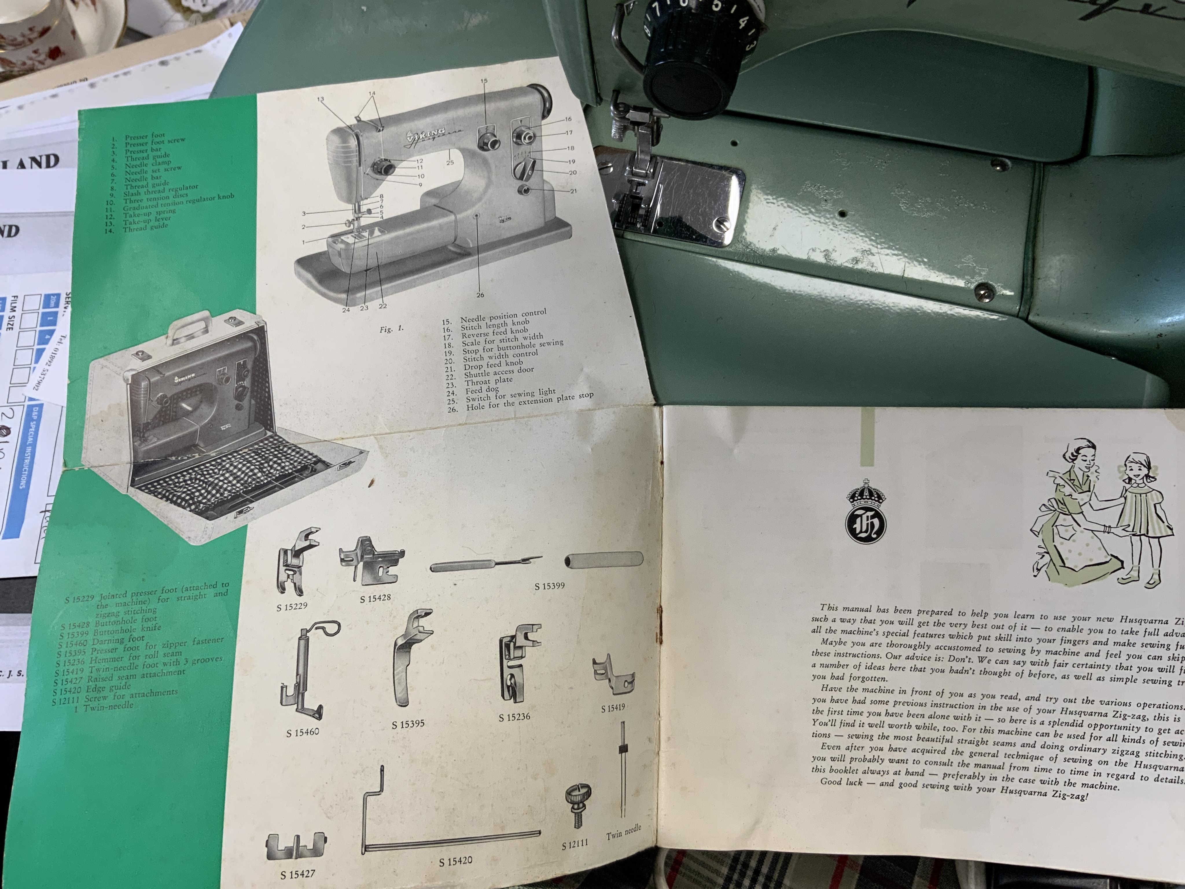 A Swedish 1950s/60s Viking Husqvarna Zig-Zag electric sewing machine, in original fitted case with instruction manual. Condition - fair to good.